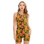 Yellow Hawaiian Tropical Pattern Print Sleeveless One Piece Swimsuit