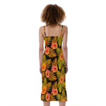 Yellow Hawaiian Tropical Pattern Print Slim Fit Midi Cami Dress