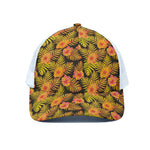 Yellow Hawaiian Tropical Pattern Print White Mesh Trucker Cap