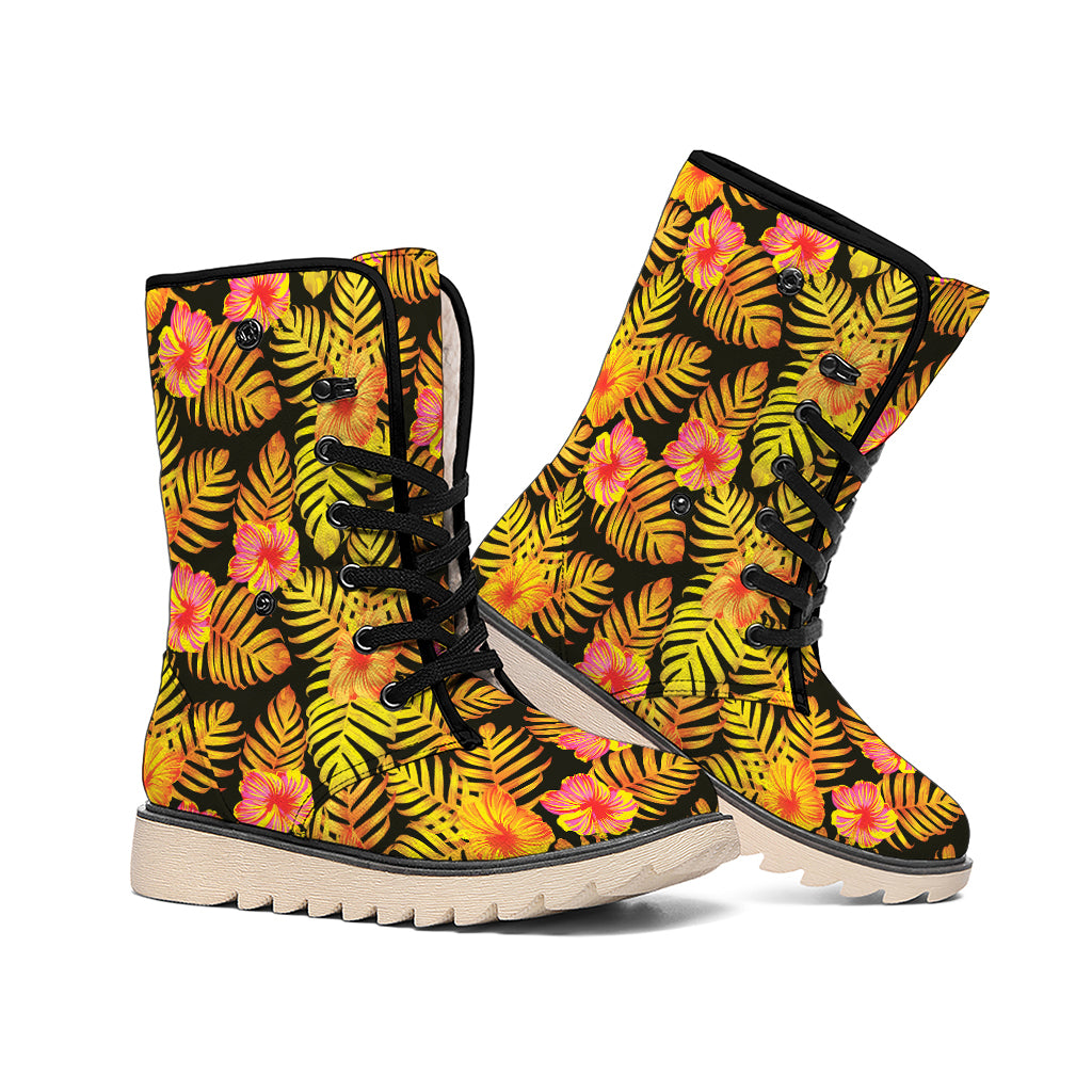 Yellow Hawaiian Tropical Pattern Print Winter Boots