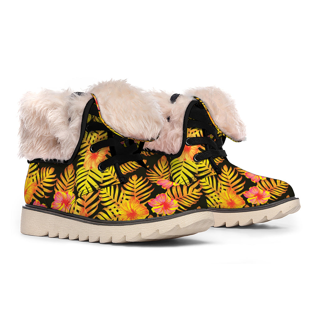 Yellow Hawaiian Tropical Pattern Print Winter Boots