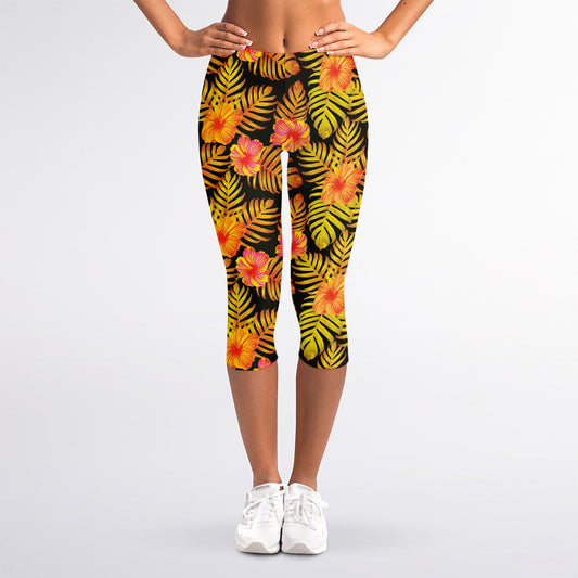 Yellow Hawaiian Tropical Pattern Print Women's Capri Leggings
