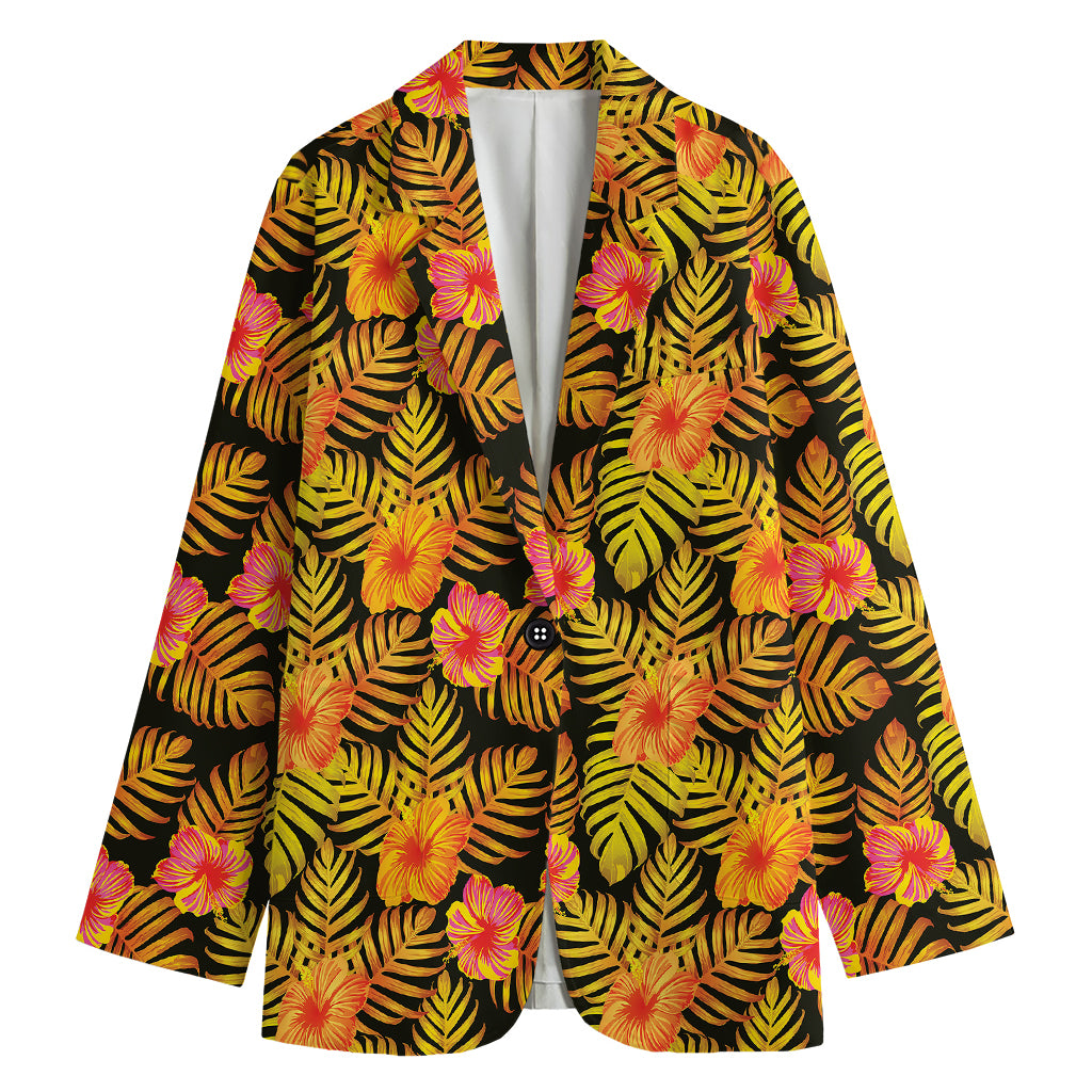 Yellow Hawaiian Tropical Pattern Print Women's Cotton Blazer