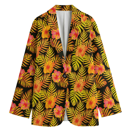 Yellow Hawaiian Tropical Pattern Print Women's Cotton Blazer