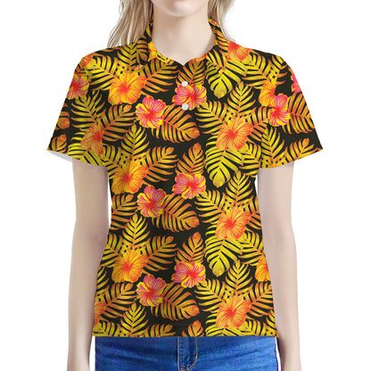 Yellow Hawaiian Tropical Pattern Print Women's Polo Shirt