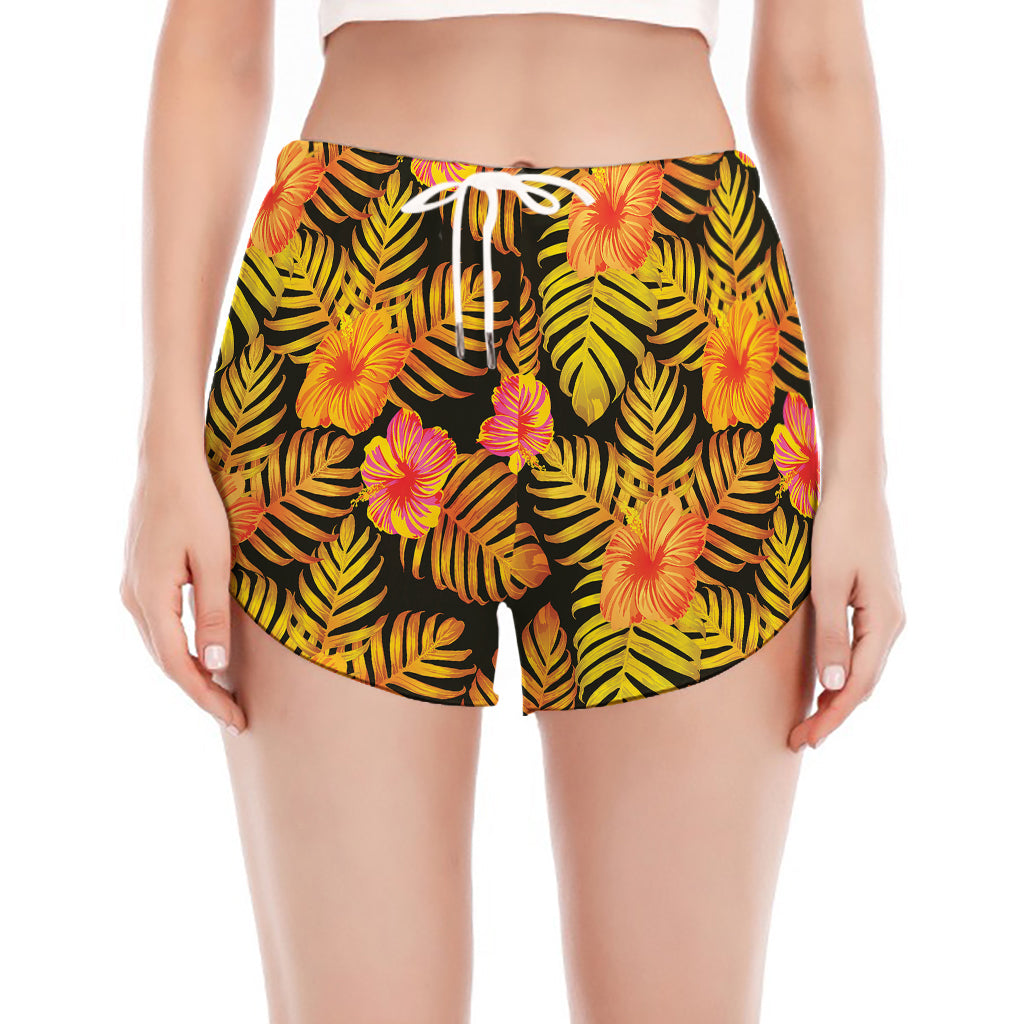 Yellow Hawaiian Tropical Pattern Print Women's Split Running Shorts