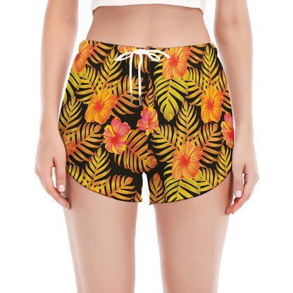 Yellow Hawaiian Tropical Pattern Print Women's Split Running Shorts