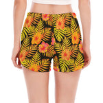 Yellow Hawaiian Tropical Pattern Print Women's Split Running Shorts