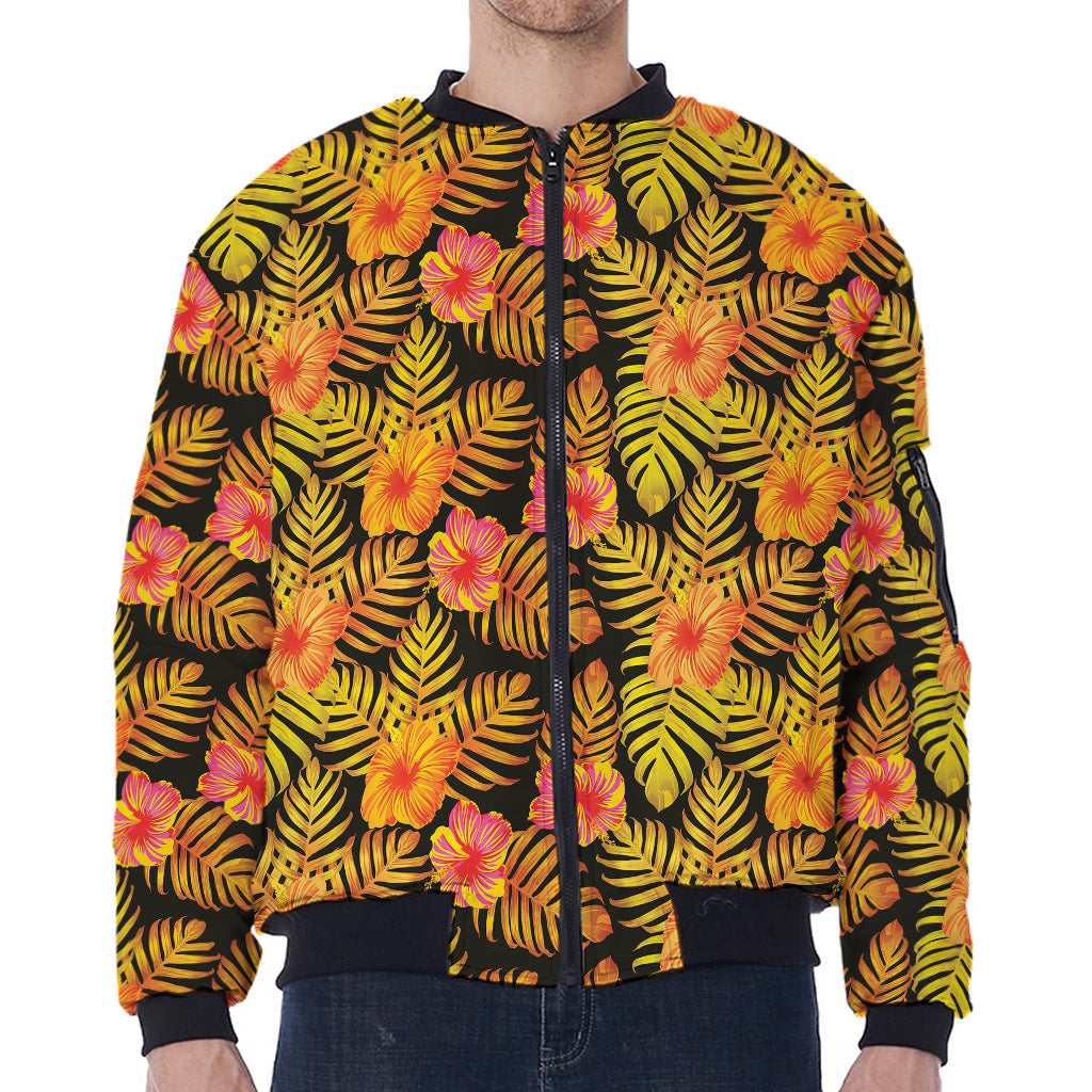 Yellow Hawaiian Tropical Pattern Print Zip Sleeve Bomber Jacket