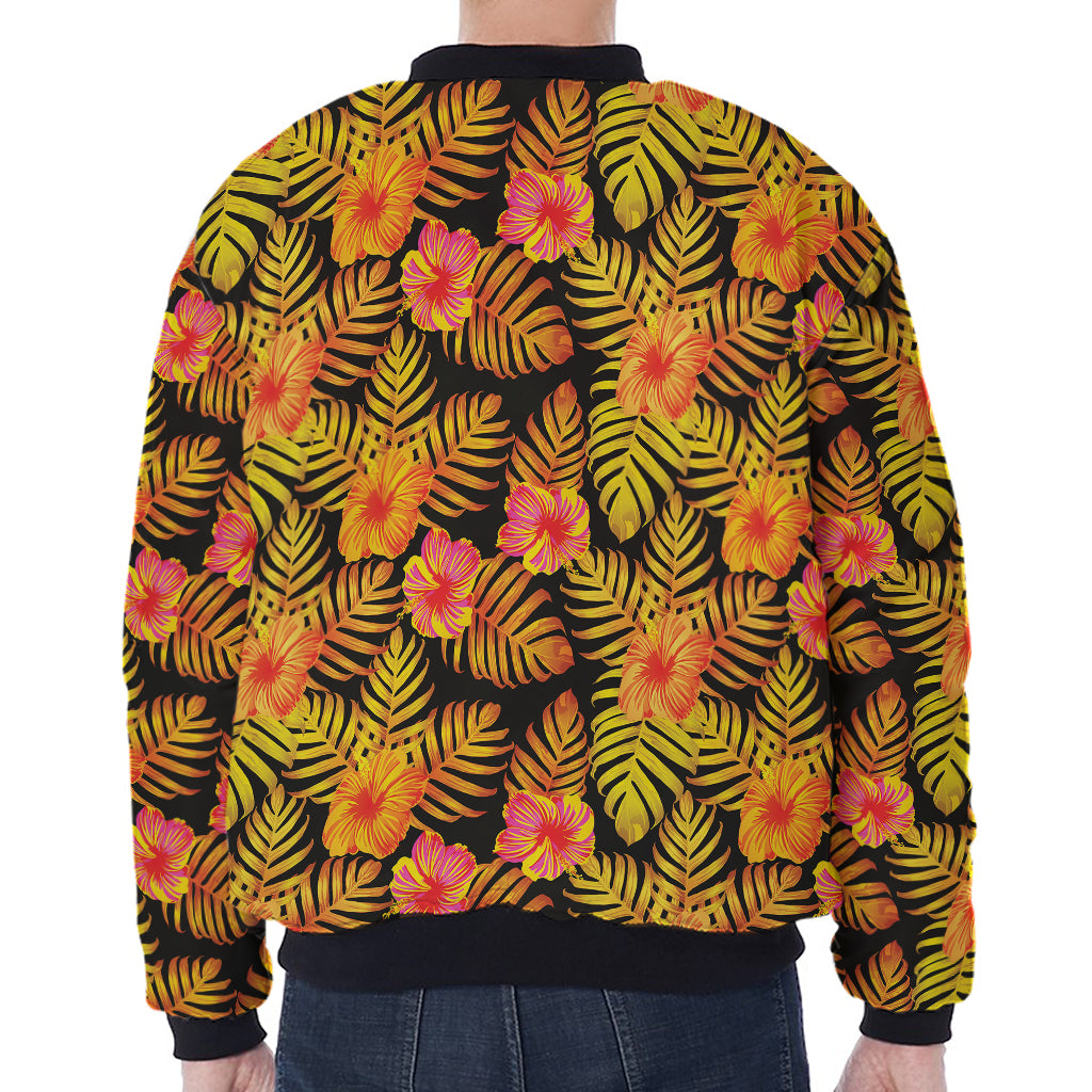 Yellow Hawaiian Tropical Pattern Print Zip Sleeve Bomber Jacket