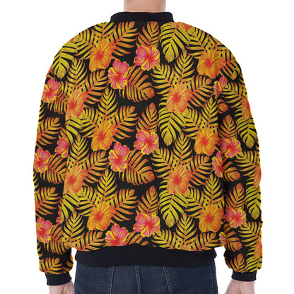 Yellow Hawaiian Tropical Pattern Print Zip Sleeve Bomber Jacket