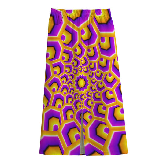 Yellow Hive Moving Optical Illusion Cotton Front Slit Maxi Skirt