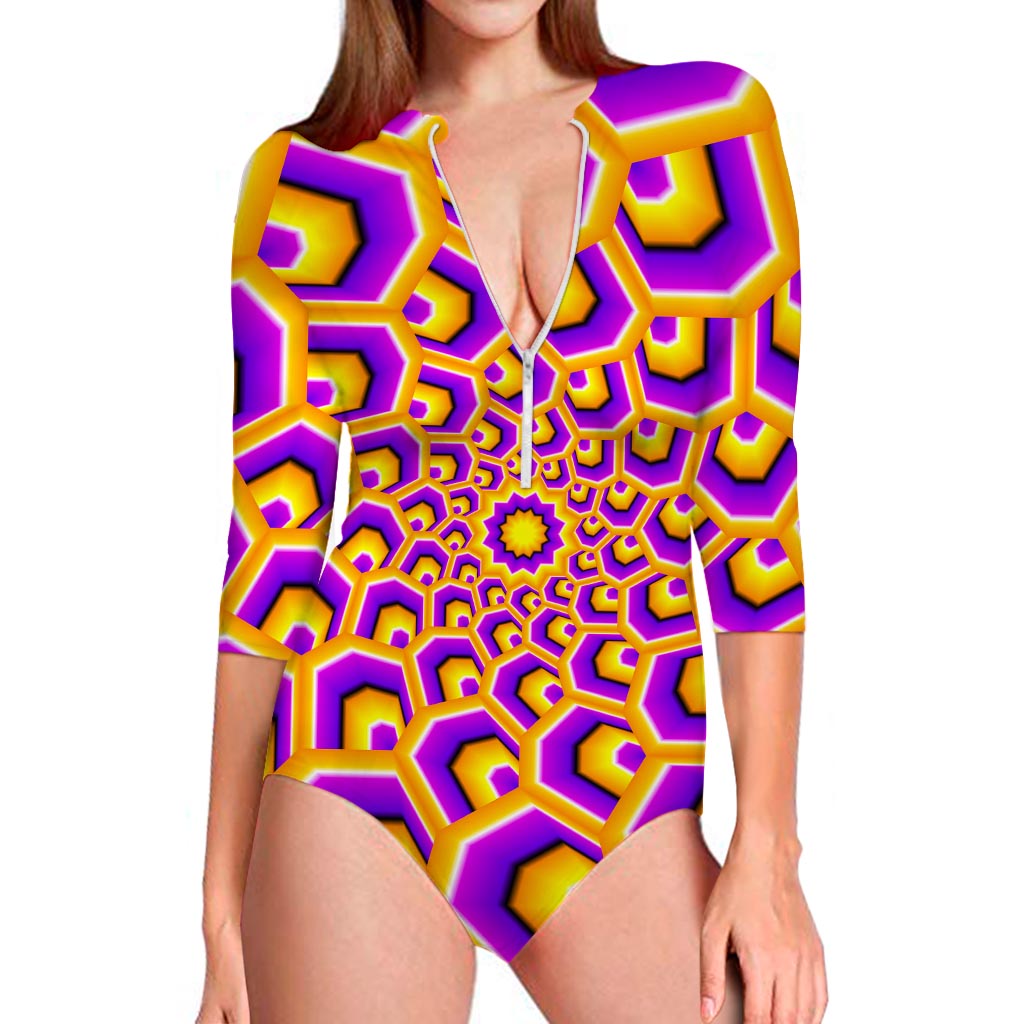 Yellow Hive Moving Optical Illusion Long Sleeve Swimsuit