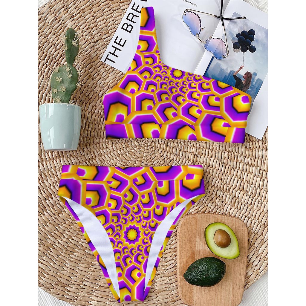 Yellow Hive Moving Optical Illusion One Shoulder Bikini Top