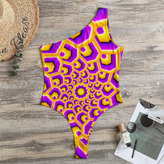 Yellow Hive Moving Optical Illusion One Shoulder Bodysuit