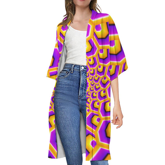 Yellow Hive Moving Optical Illusion Open Front Beach Cover Up