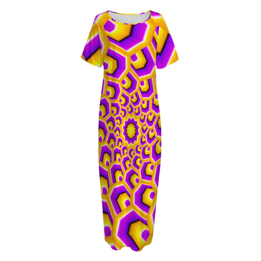 Yellow Hive Moving Optical Illusion Short Sleeve Long Nightdress