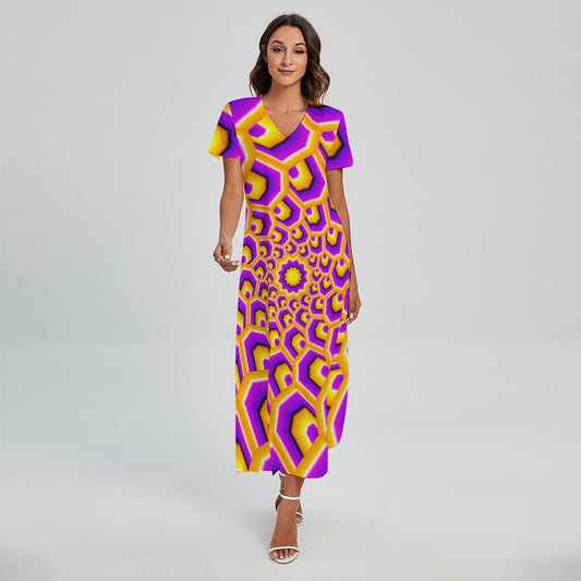 Yellow Hive Moving Optical Illusion Short Sleeve Maxi Dress