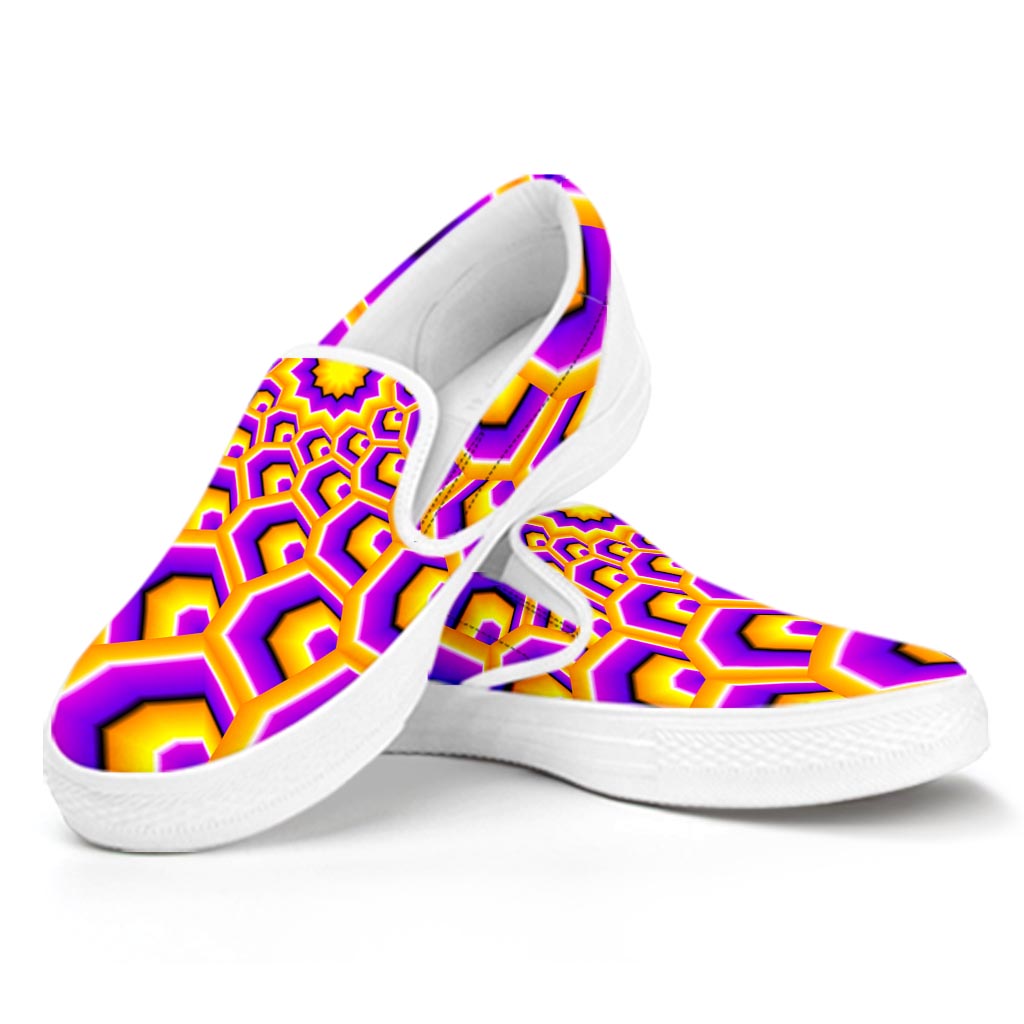 Yellow Hive Moving Optical Illusion White Slip On Sneakers