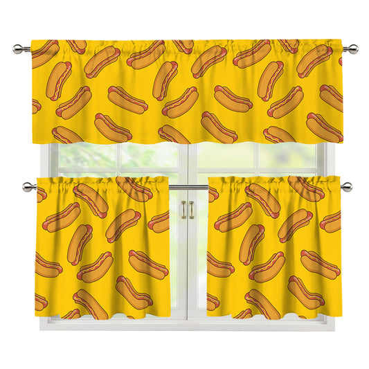 Yellow Hot Dog Pattern Print 3 Piece Kitchen Curtains