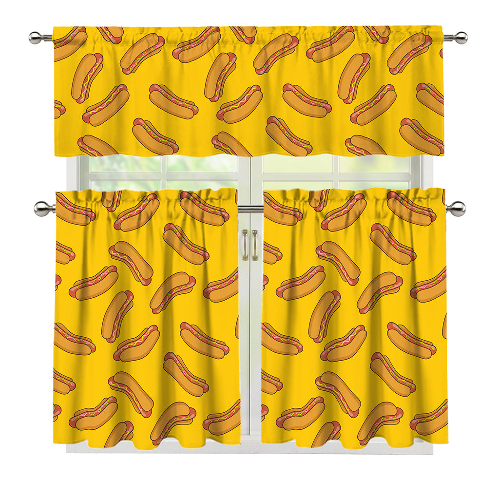 Yellow Hot Dog Pattern Print 3 Piece Kitchen Curtains