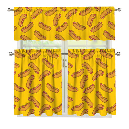 Yellow Hot Dog Pattern Print 3 Piece Kitchen Curtains