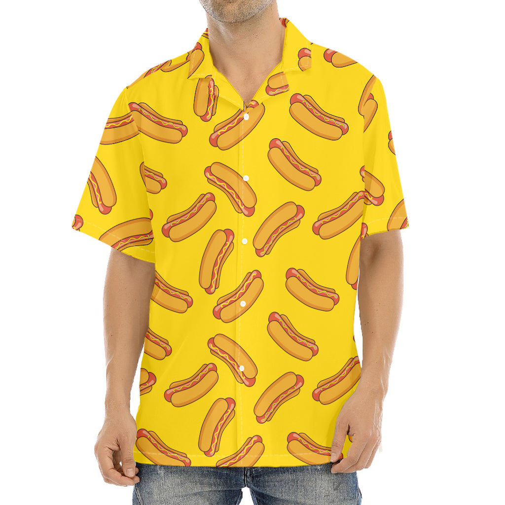 Yellow Hot Dog Pattern Print Aloha Shirt