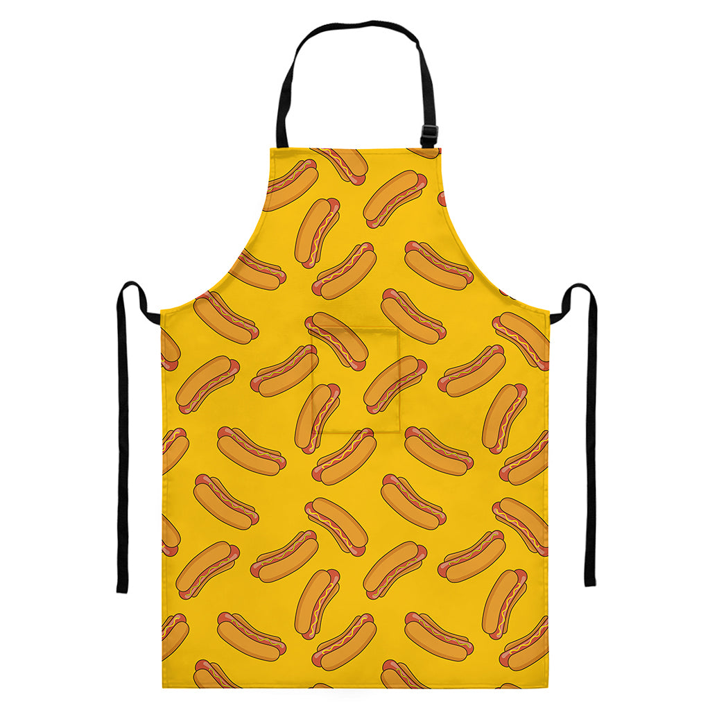 Yellow Hot Dog Pattern Print Bib Apron With Pocket