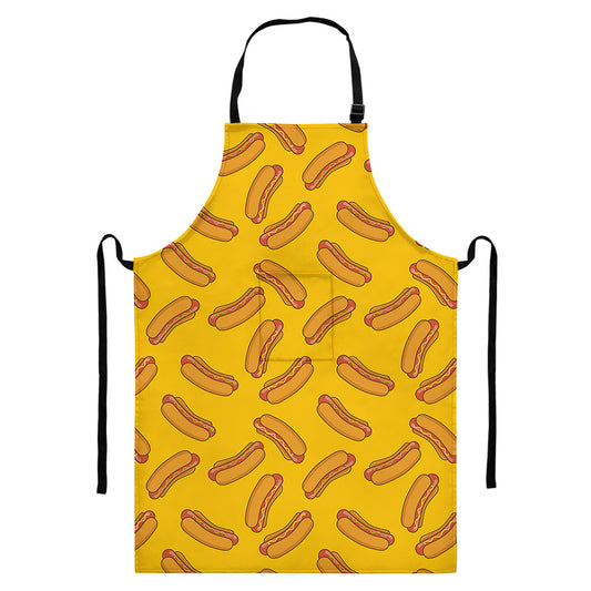 Yellow Hot Dog Pattern Print Bib Apron With Pocket