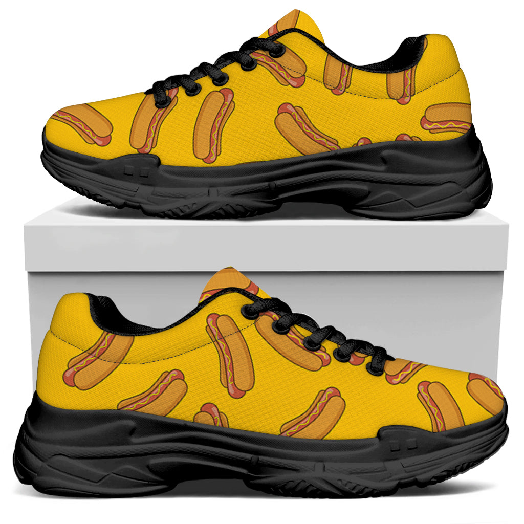 Yellow Hot Dog Pattern Print Black Chunky Shoes