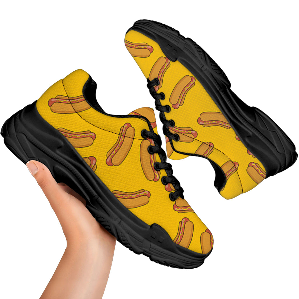 Yellow Hot Dog Pattern Print Black Chunky Shoes