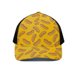 Yellow Hot Dog Pattern Print Black Mesh Trucker Cap