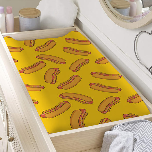 Yellow Hot Dog Pattern Print Changing Pad Cover