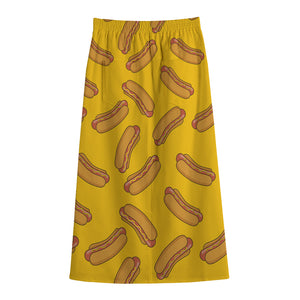 Yellow Hot Dog Pattern Print Cotton Front Slit Maxi Skirt