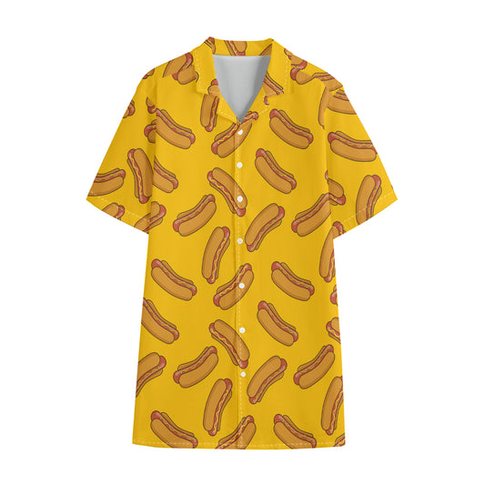 Yellow Hot Dog Pattern Print Cotton Hawaiian Shirt
