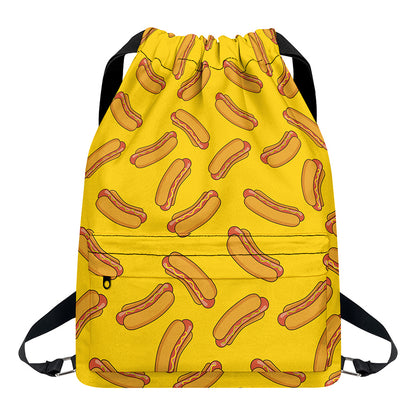 Yellow Hot Dog Pattern Print Drawstring Backpack