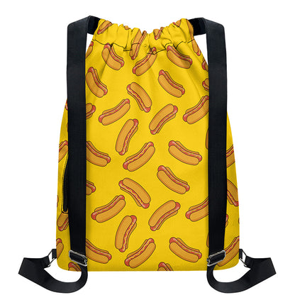 Yellow Hot Dog Pattern Print Drawstring Backpack