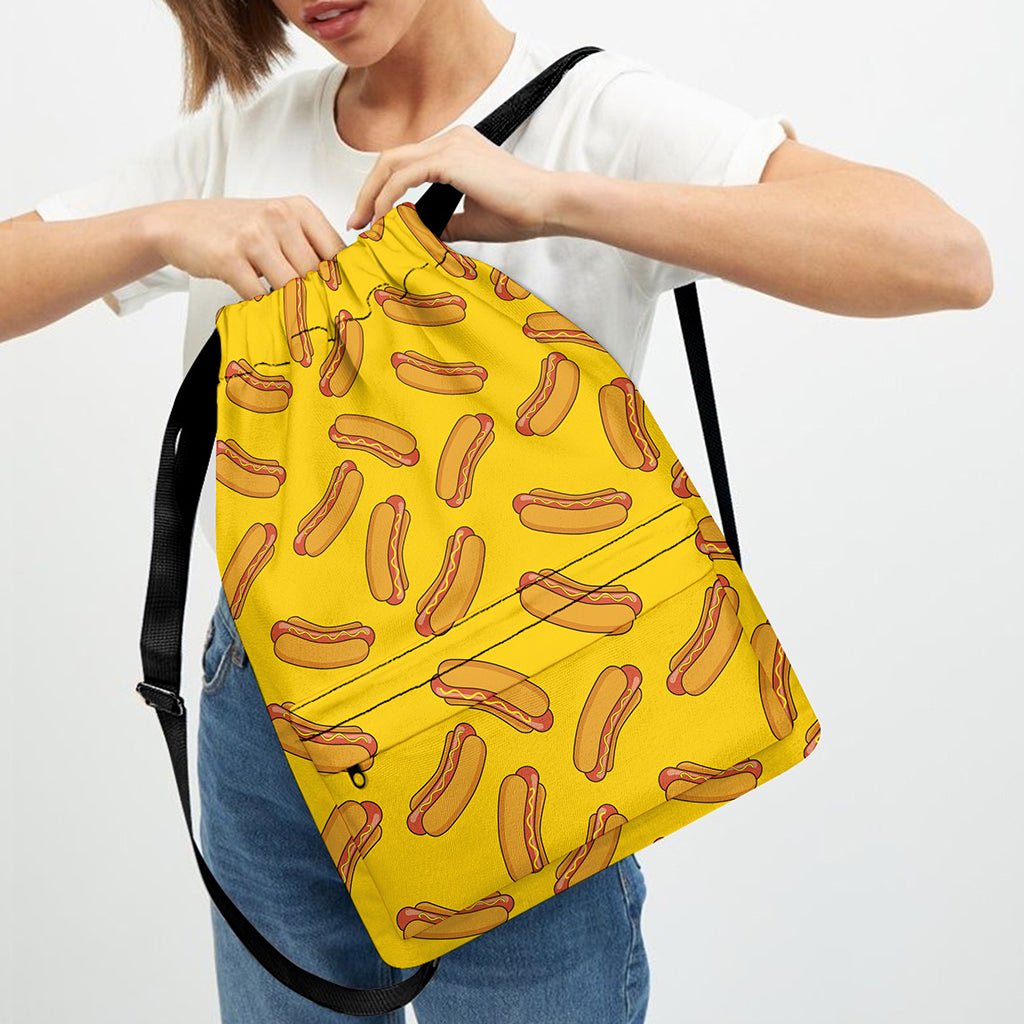 Yellow Hot Dog Pattern Print Drawstring Backpack