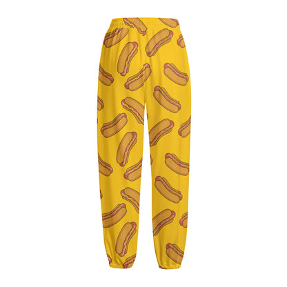 Yellow Hot Dog Pattern Print Fleece Lined Knit Pants