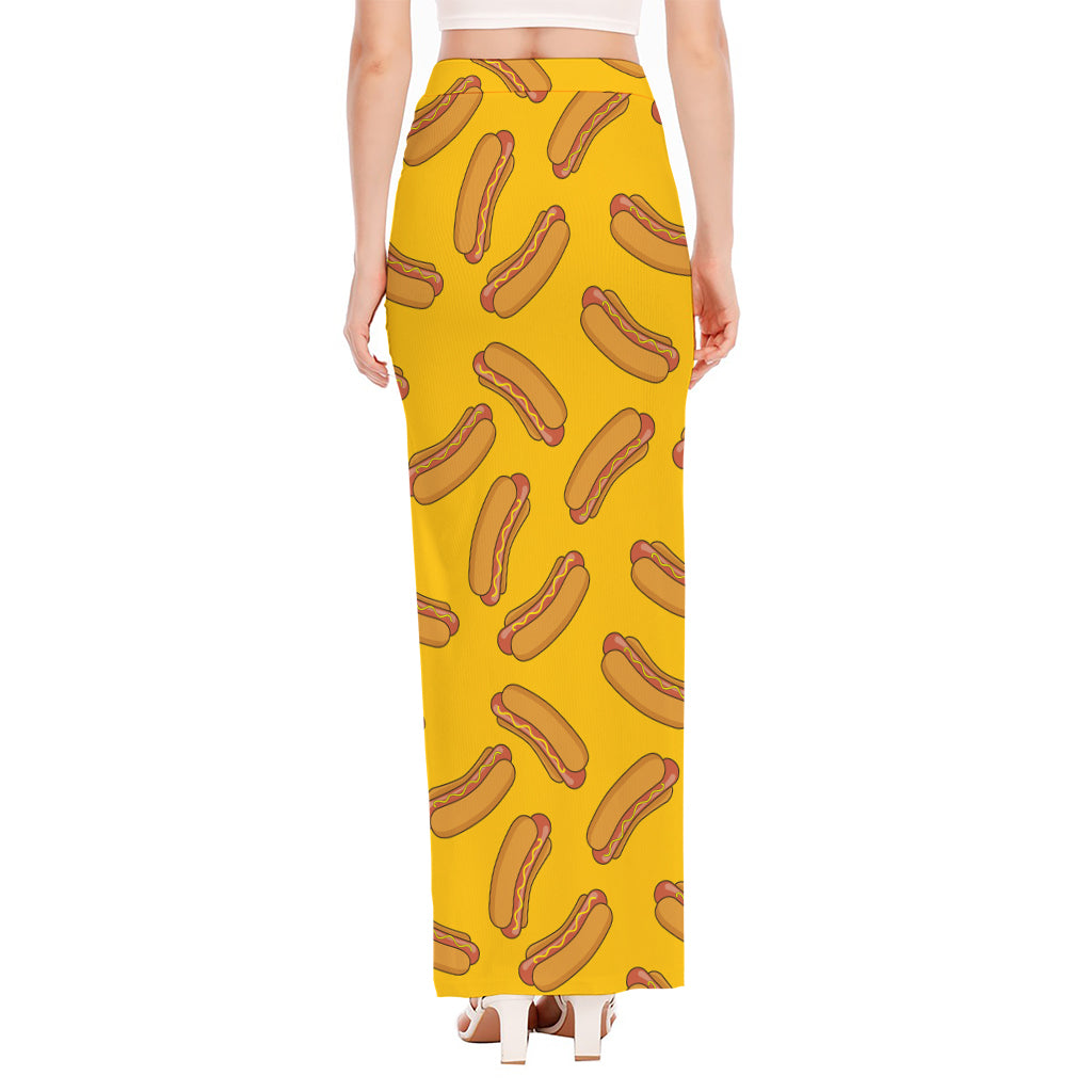 Yellow Hot Dog Pattern Print High Slit Maxi Skirt