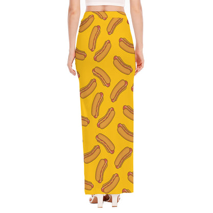 Yellow Hot Dog Pattern Print High Slit Maxi Skirt