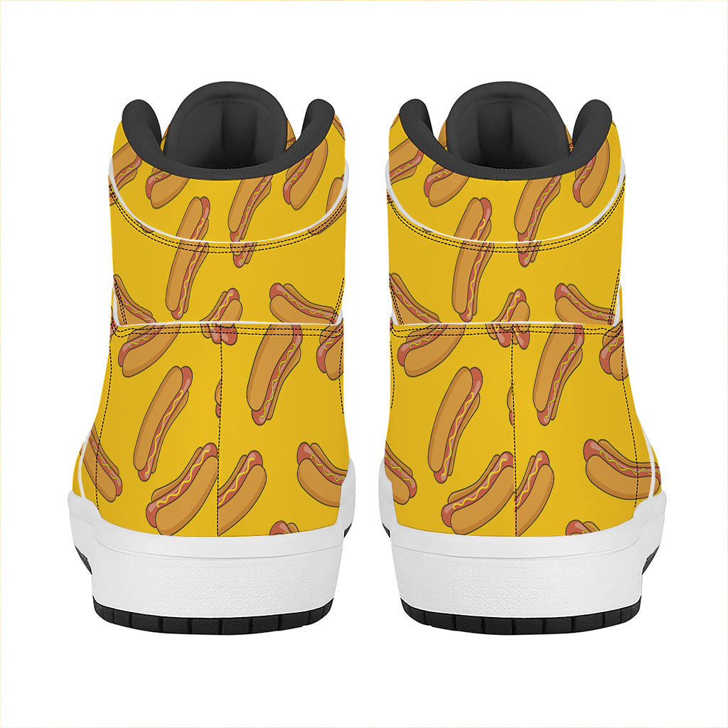 Yellow Hot Dog Pattern Print High Top Leather Sneakers