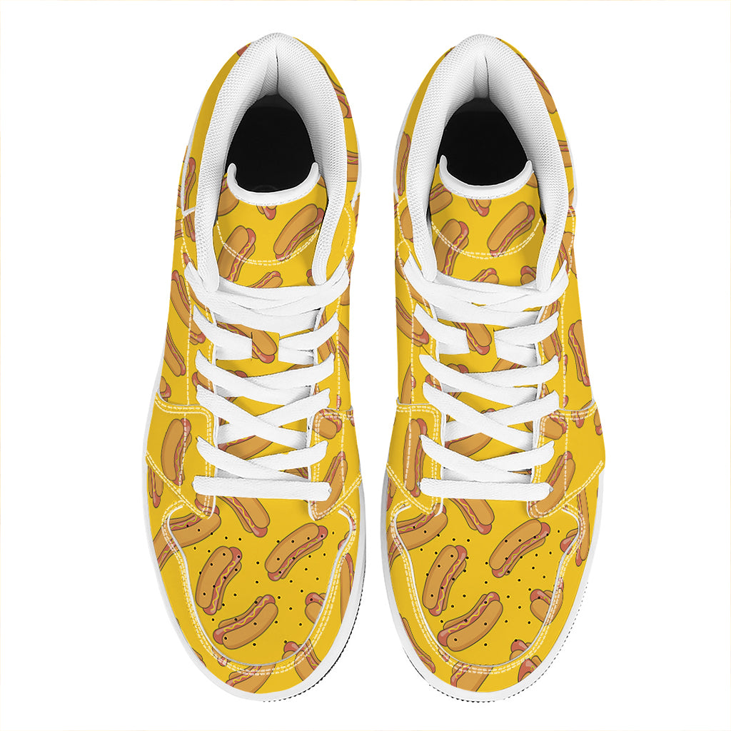Yellow Hot Dog Pattern Print High Top Leather Sneakers