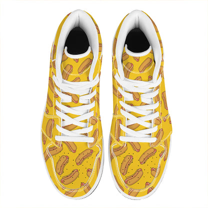 Yellow Hot Dog Pattern Print High Top Leather Sneakers