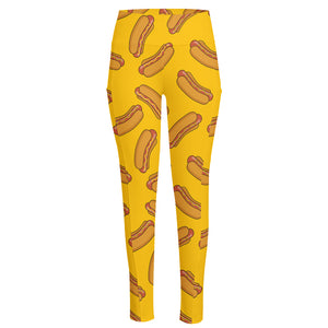 Yellow Hot Dog Pattern Print High-Waisted Pocket Leggings