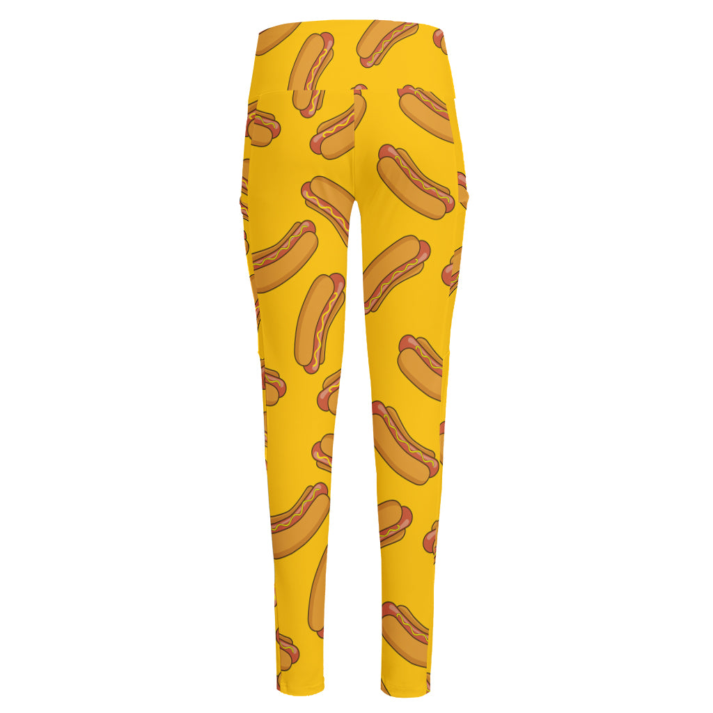 Yellow Hot Dog Pattern Print High-Waisted Pocket Leggings