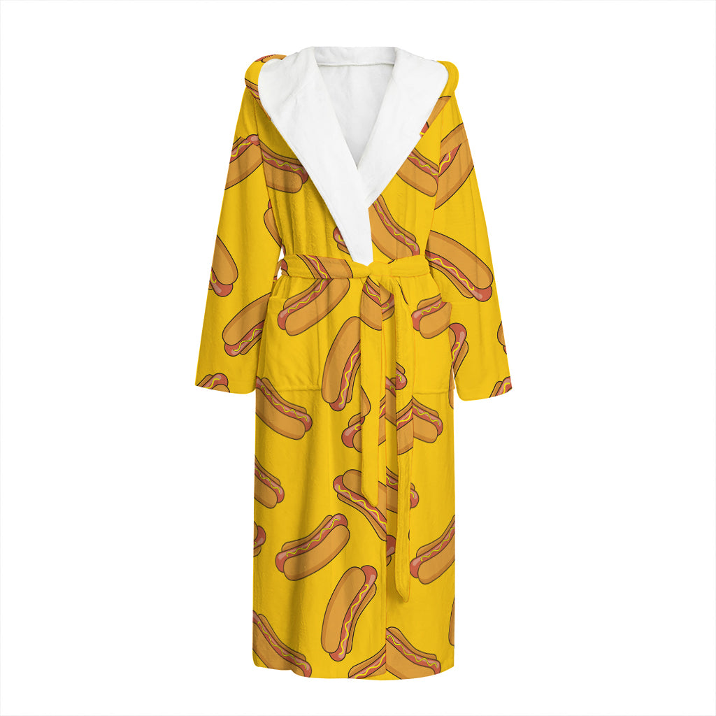 Yellow Hot Dog Pattern Print Hooded Bathrobe