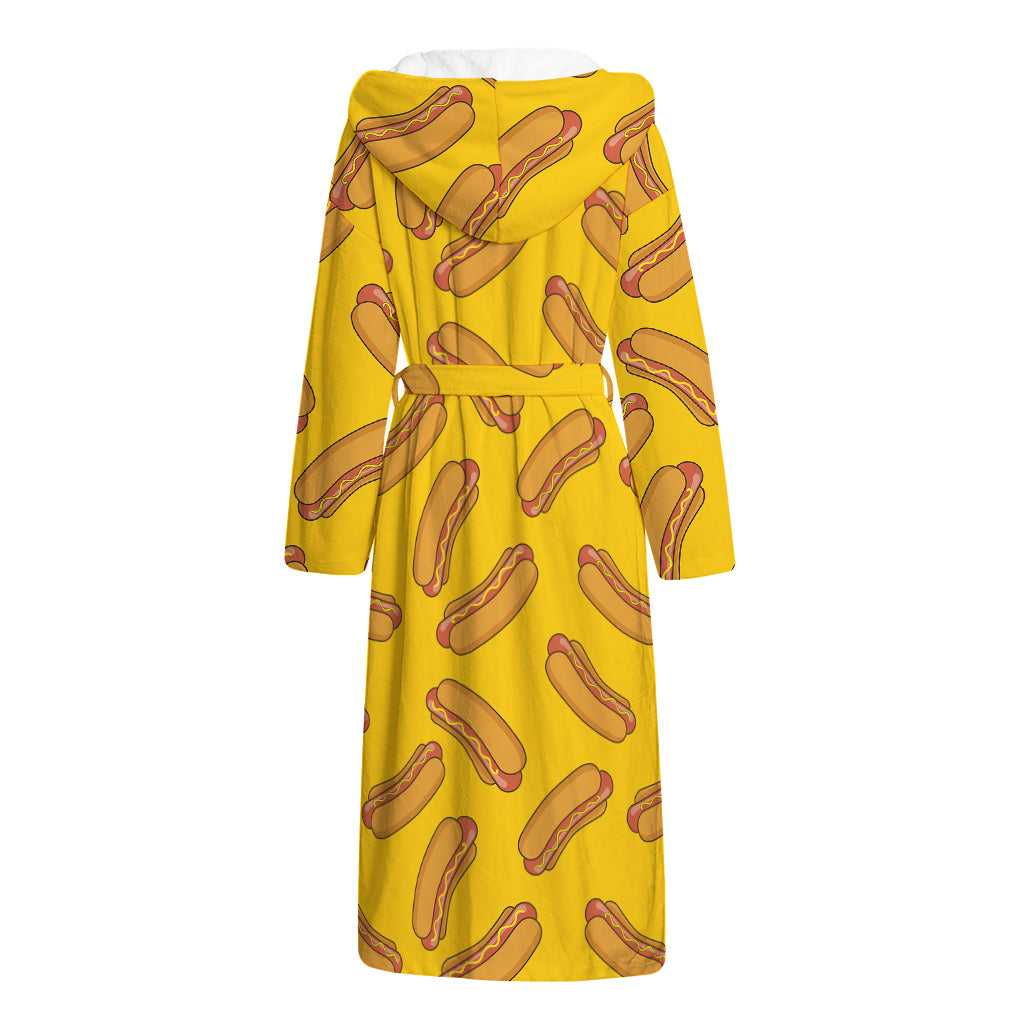 Yellow Hot Dog Pattern Print Hooded Bathrobe