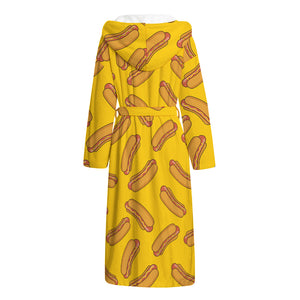 Yellow Hot Dog Pattern Print Hooded Bathrobe