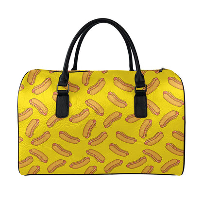 Yellow Hot Dog Pattern Print Leather Duffle Bag